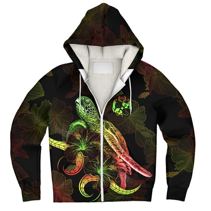 Tonga Sherpa Hoodie Sea Turtle With Blooming Hibiscus Flowers Reggae