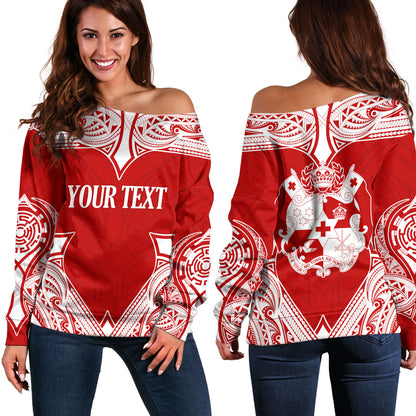 Tonga Off Shoulder Sweatshirt - Custom Coat Of Arms With Patterns Flag Color