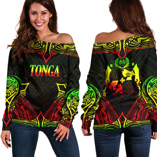 Tonga Custom Personalised Off Shoulder Sweatshirt Coat Of Arms With Patterns Reggae Color