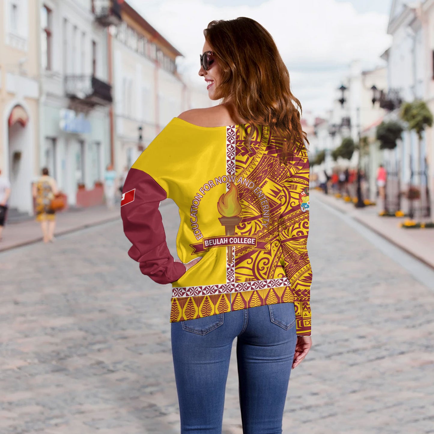 Tonga Custom Personalised Off Shoulder Sweatshirt Beulah College Simple Ngatu Patterns