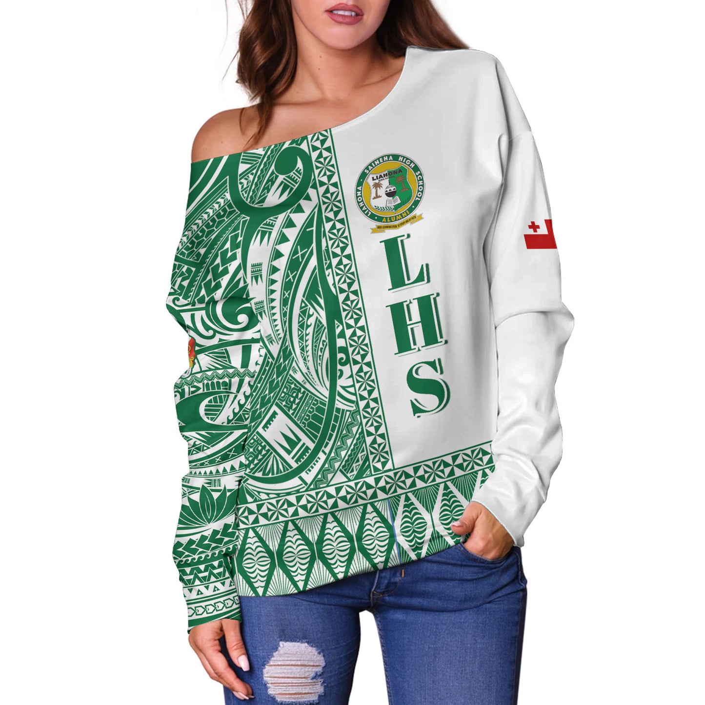 Tonga Custom Personalised Off Shoulder Sweatshirt Liahona High School Simple Ngatu Patterns