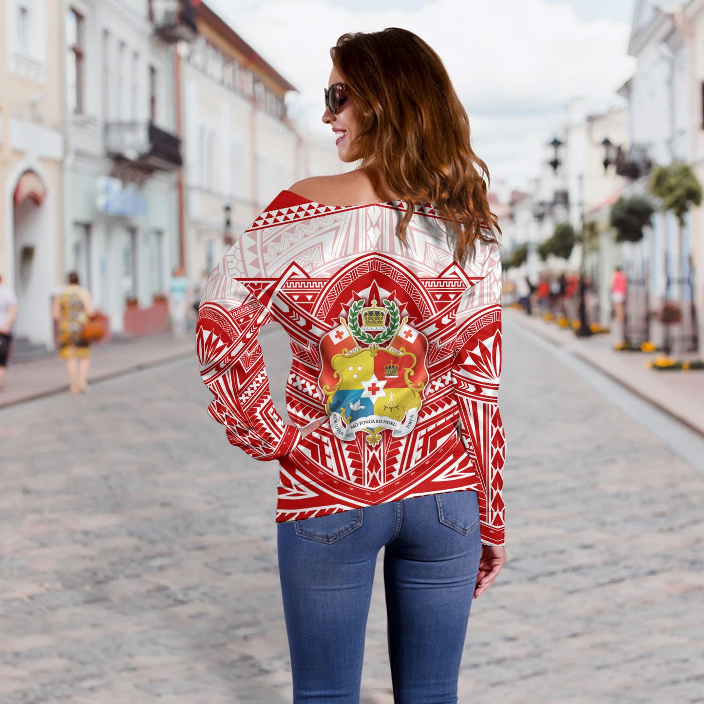 Tonga Off Shoulder Sweatshirt Seal Tribal Flag Color Design