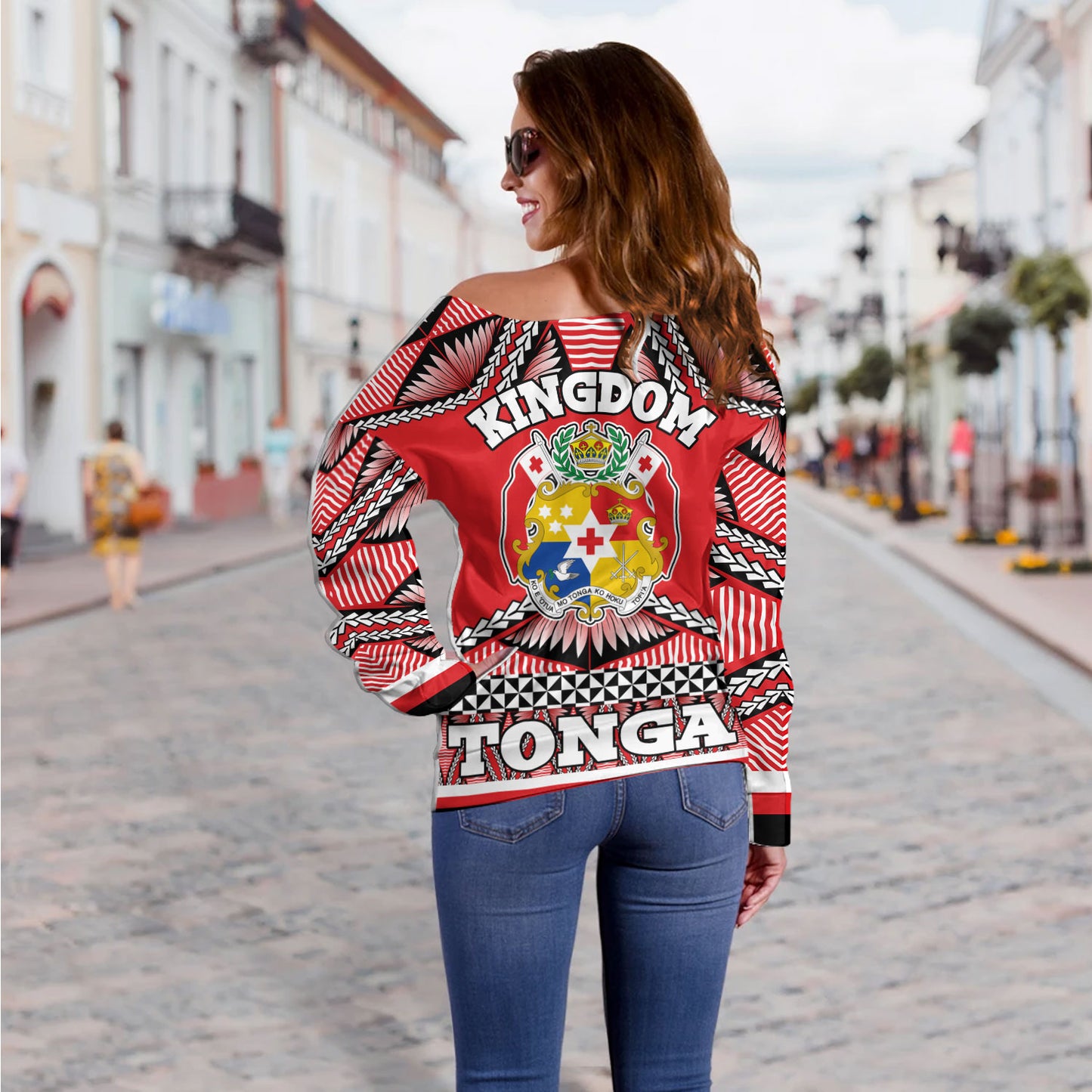 Tonga Off Shoulder Sweatshirt Tonga Kingdom Tongan Ngatu Style
