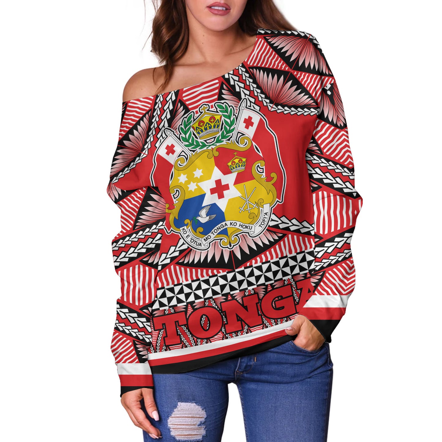 Tonga Off Shoulder Sweatshirt Tonga Kingdom Tongan Ngatu Style