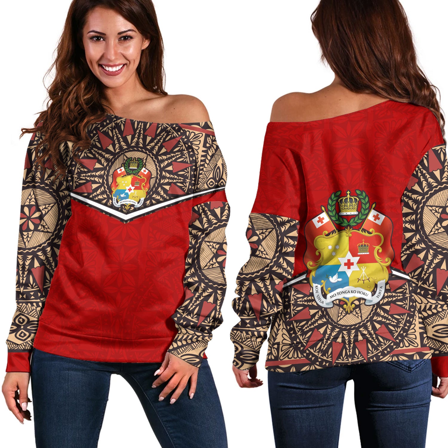 Tonga Off Shoulder Sweatshirt Tongan Ngatu Design