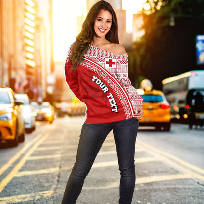 Tonga Custom Personalised Off Shoulder Sweatshirt Tongan Ngatu Pattern Curve Style