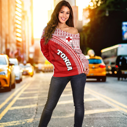 Tonga Custom Personalised Off Shoulder Sweatshirt Tongan Ngatu Pattern Curve Style
