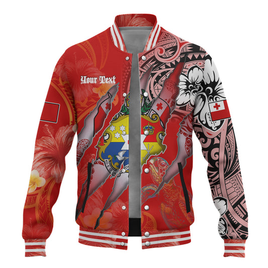 Tonga Baseball Jacket Custom Tongan Blood Inside Me Polynesian Sleeve Tattoo Tropical Red