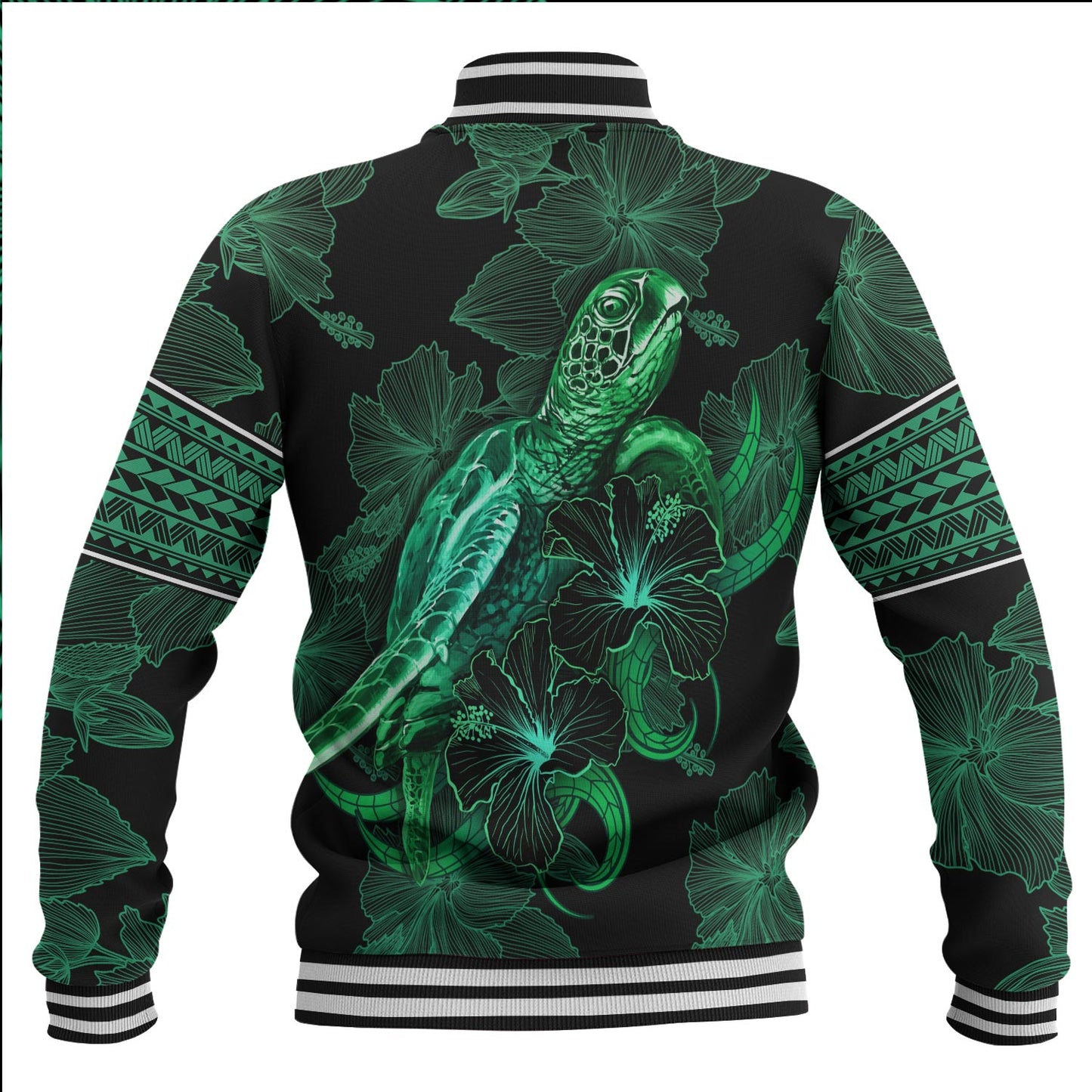 Tonga Baseball Jacket  Sea Turtle With Blooming Hibiscus Flowers Tribal Green