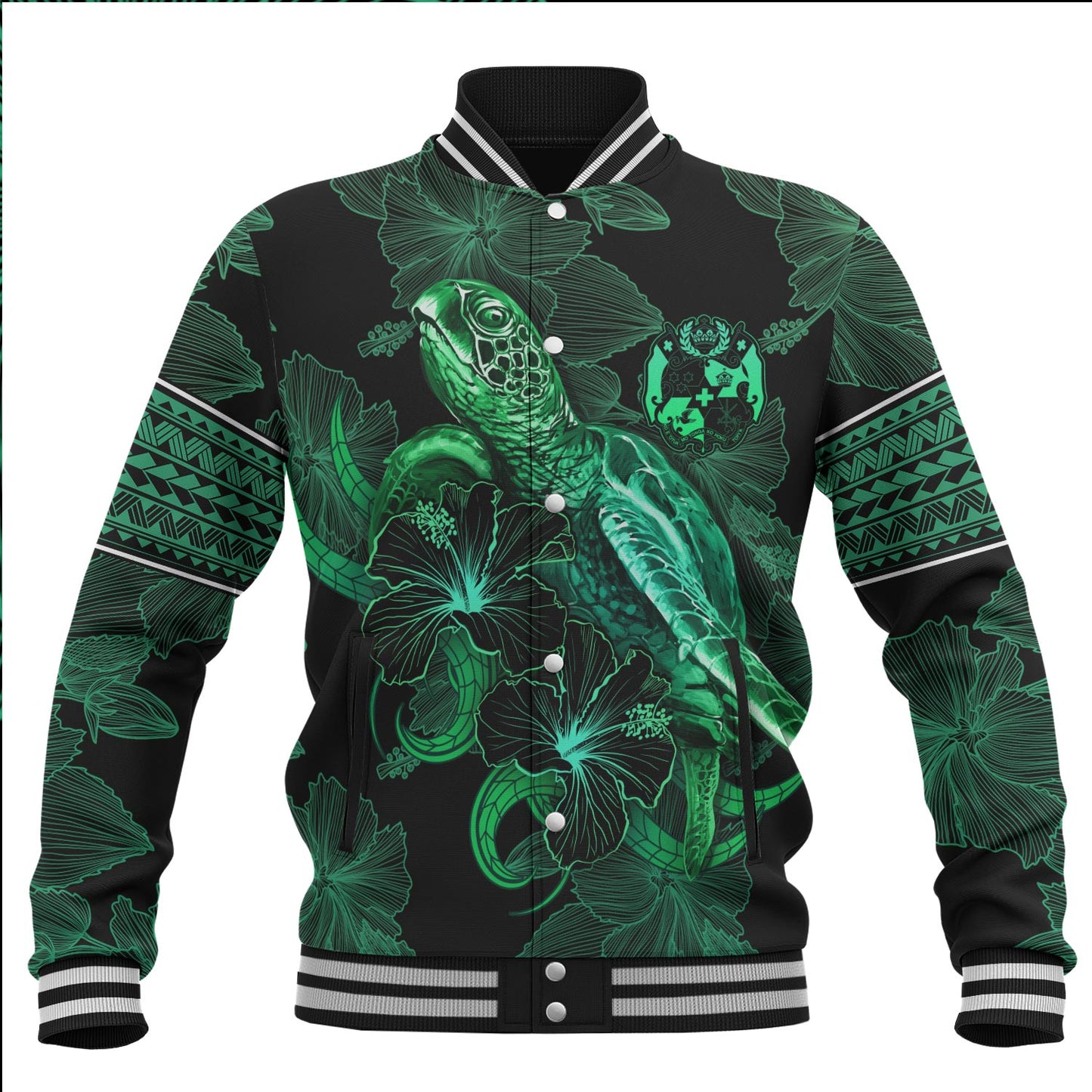 Tonga Baseball Jacket  Sea Turtle With Blooming Hibiscus Flowers Tribal Green