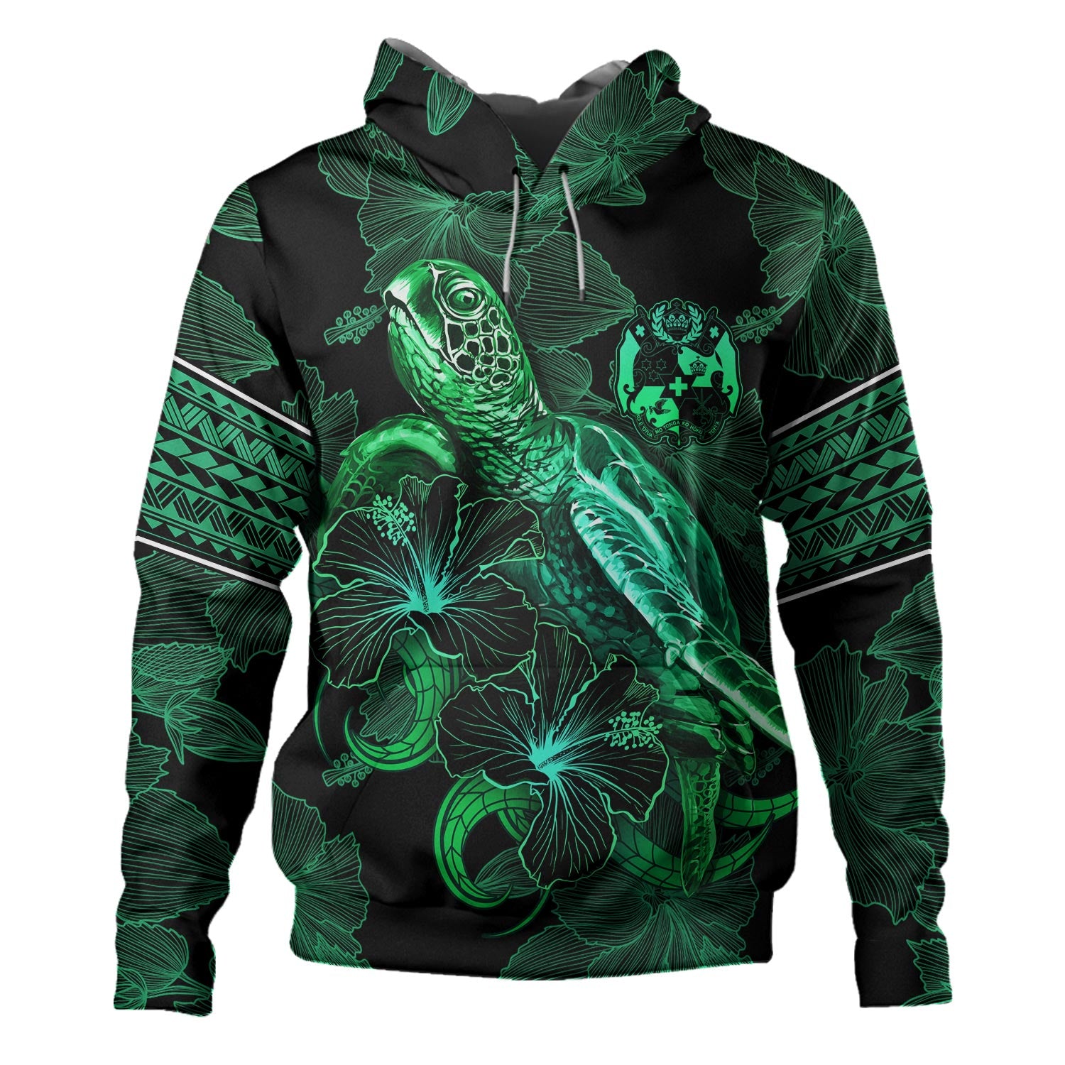 Tonga Hoodie  Sea Turtle With Blooming Hibiscus Flowers Tribal Green