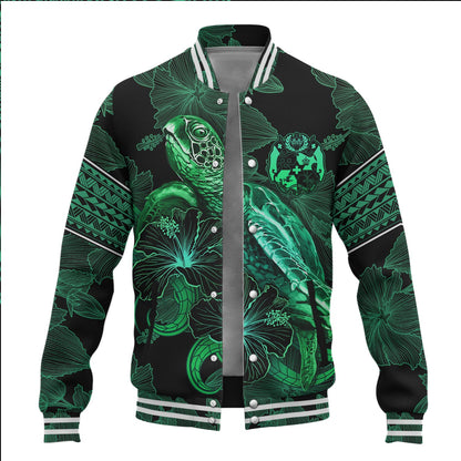Tonga Baseball Jacket  Sea Turtle With Blooming Hibiscus Flowers Tribal Green