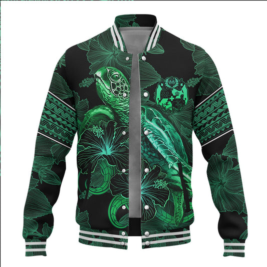 Tonga Baseball Jacket  Sea Turtle With Blooming Hibiscus Flowers Tribal Green