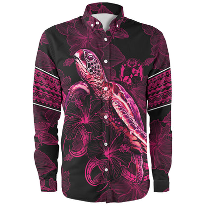 Tonga Long Sleeve Shirt Sea Turtle With Blooming Hibiscus Flowers Tribal Maroon