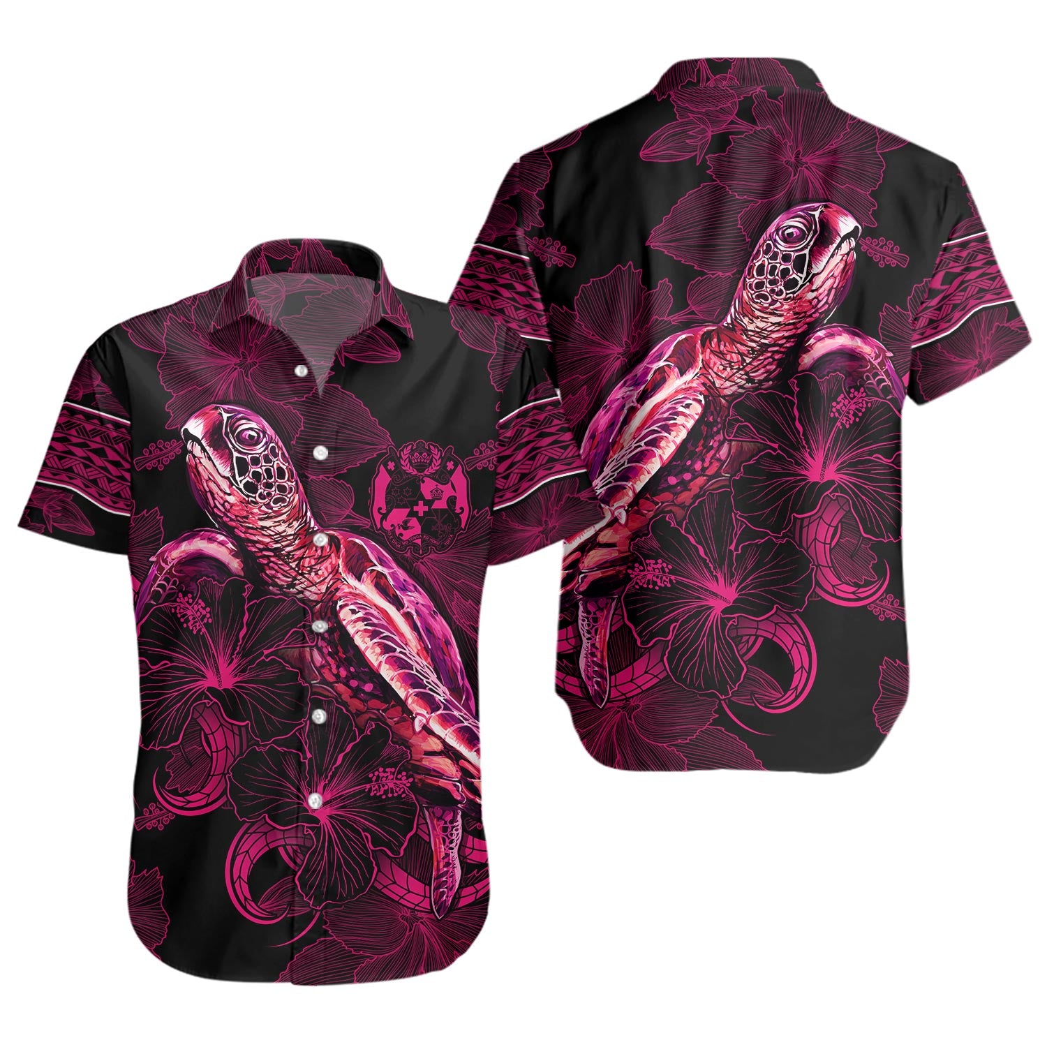 Tonga Short Sleeve Shirt Sea Turtle With Blooming Hibiscus Flowers Tribal Maroon