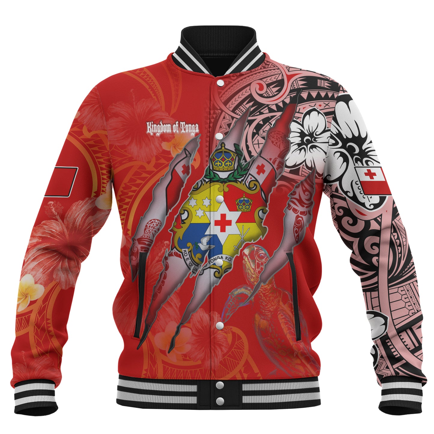 Tonga Baseball Jacket Custom Tongan Blood Inside Me Polynesian Sleeve Tattoo Tropical Red