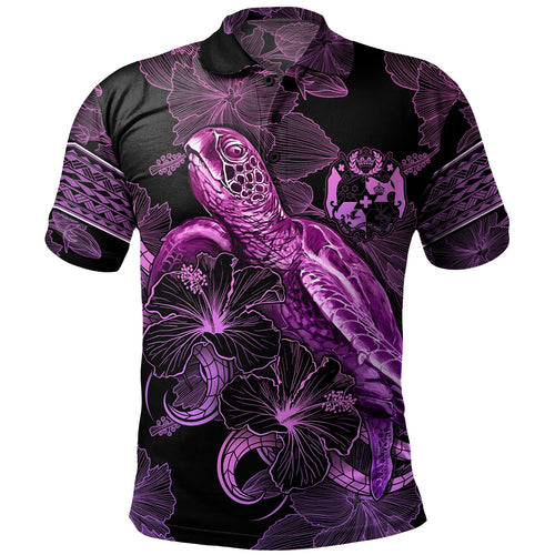 Tonga Polo Shirt Sea Turtle With Blooming Hibiscus Flowers Tribal Purple