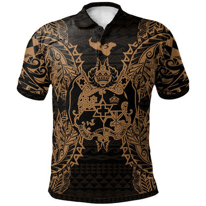 Tonga Polo Shirt - Tonga Coat Of Arms Map Polynesian Tattoo Gold