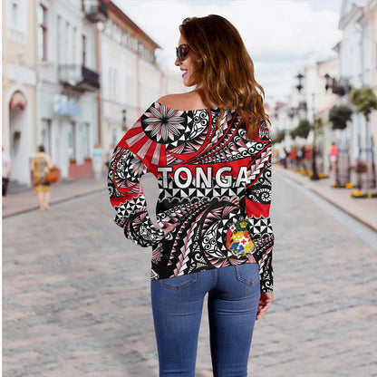 Tonga Off Shoulder Sweatshirt Polynesian Tattoo Tongan Tapa