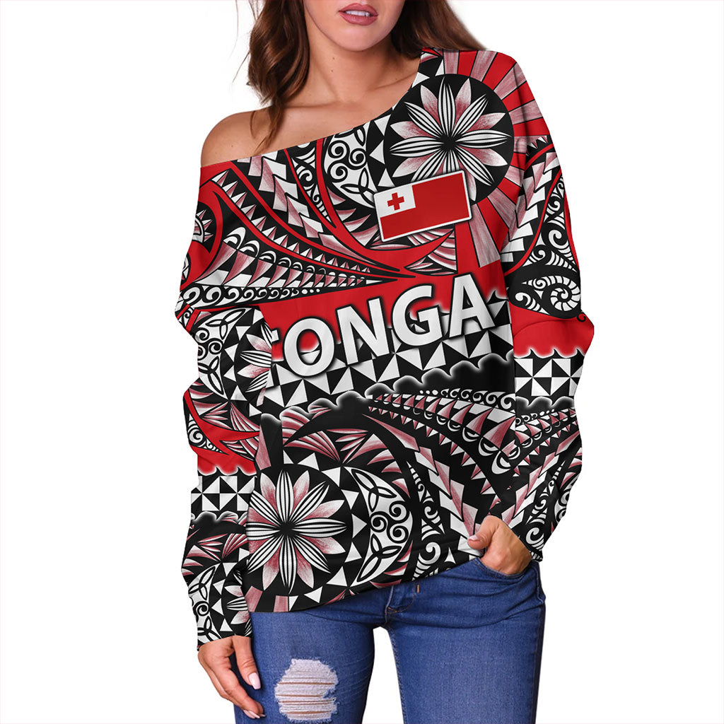 Tonga Off Shoulder Sweatshirt Polynesian Tattoo Tongan Tapa