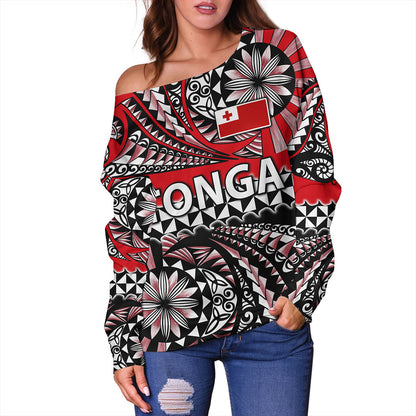 Tonga Off Shoulder Sweatshirt Polynesian Tattoo Tongan Tapa