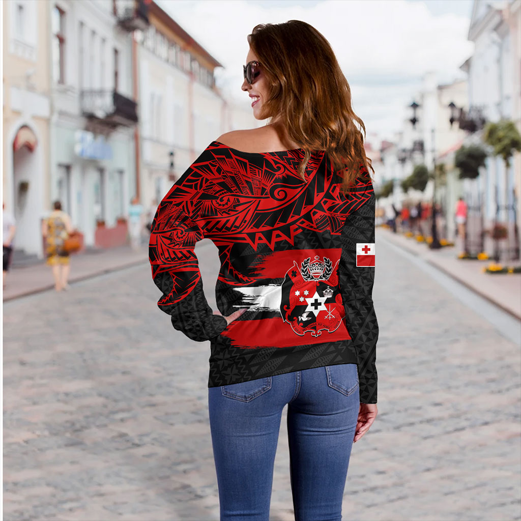 Tonga Off Shoulder Sweatshirt Tribal Polynesian Grunge Flag