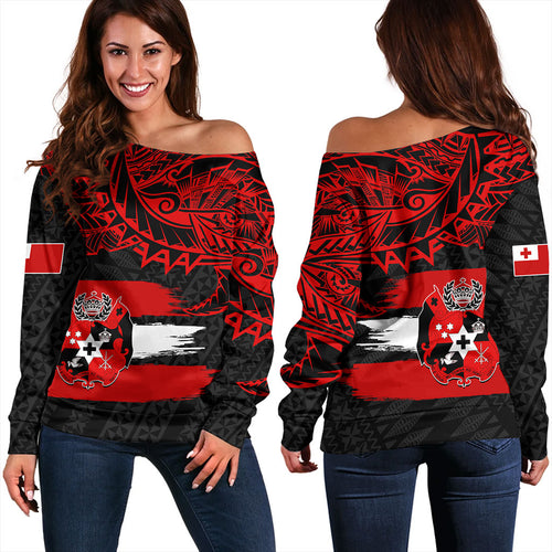 Tonga Off Shoulder Sweatshirt Tribal Polynesian Grunge Flag