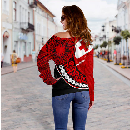 Tonga Off Shoulder Sweatshirt Flag Pattern Circle Style