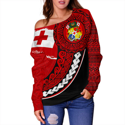 Tonga Off Shoulder Sweatshirt Flag Pattern Circle Style
