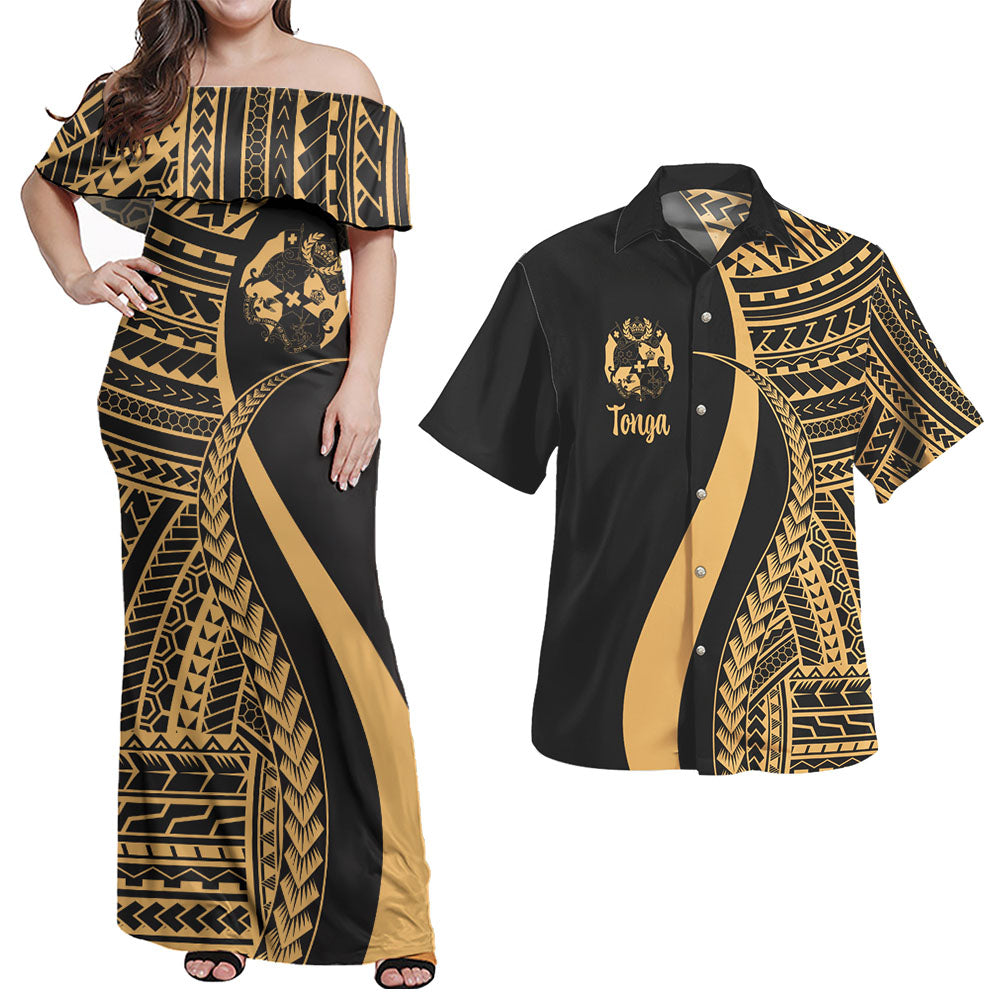 Tonga Combo Dress And Shirt - Polynesian Tentacle Tribal Pattern Gold