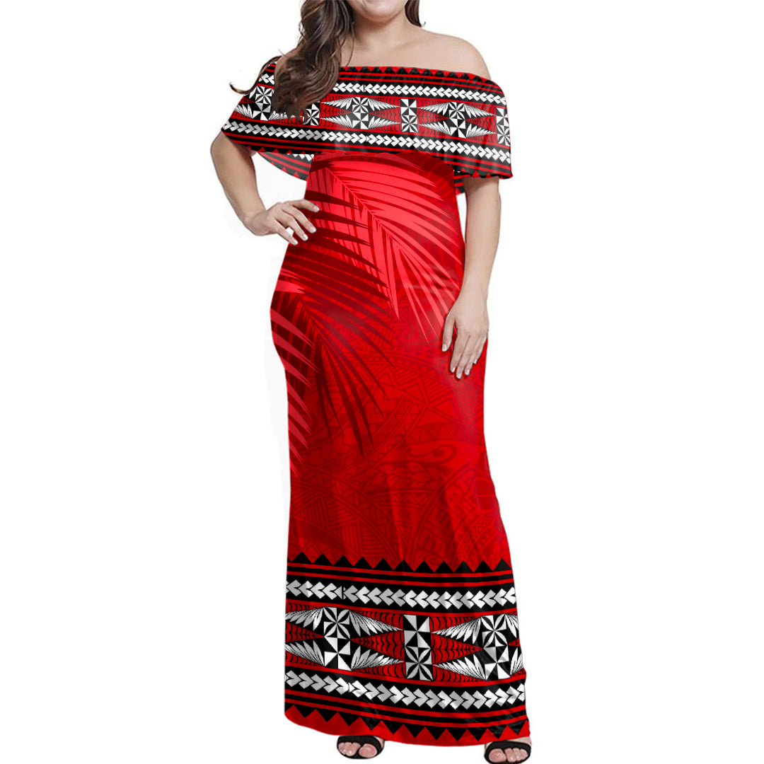 Tonga Woman Off Shoulder Long Dress Ngatu Fabric Leaves