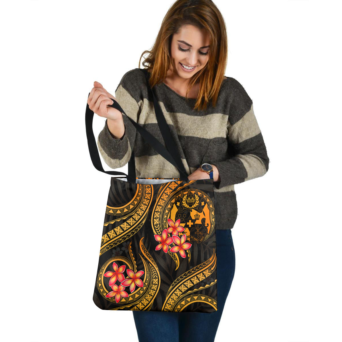 Tonga Tote Bag Gold Polynesian Pattern Plumeria