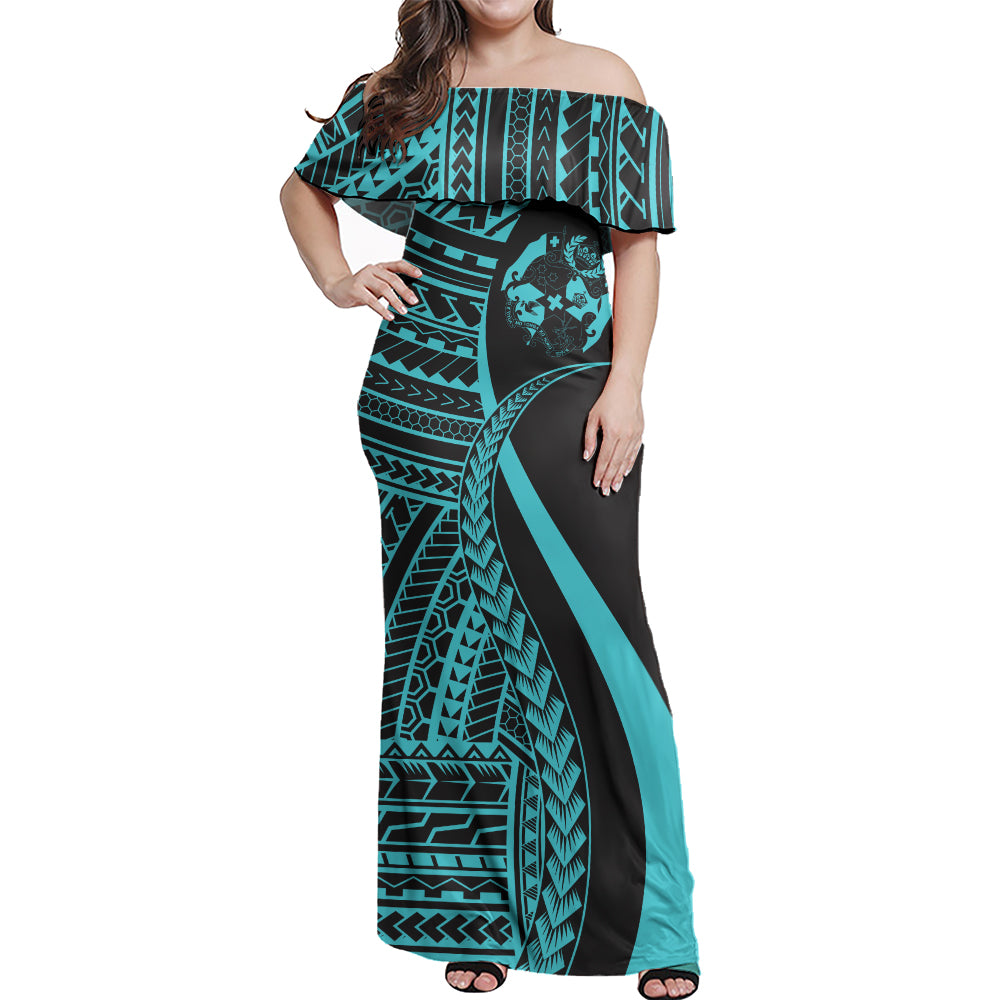Tonga Combo Dress And Shirt - Polynesian Tentacle Tribal Pattern Turquoise