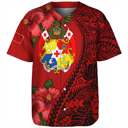 Tonga Baseball Shirt Tribal Polynesian With Hibiscus Flower