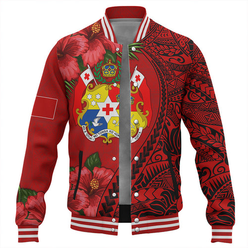 Tonga Baseball Jacket Tribal Polynesian With Hibiscus Flower