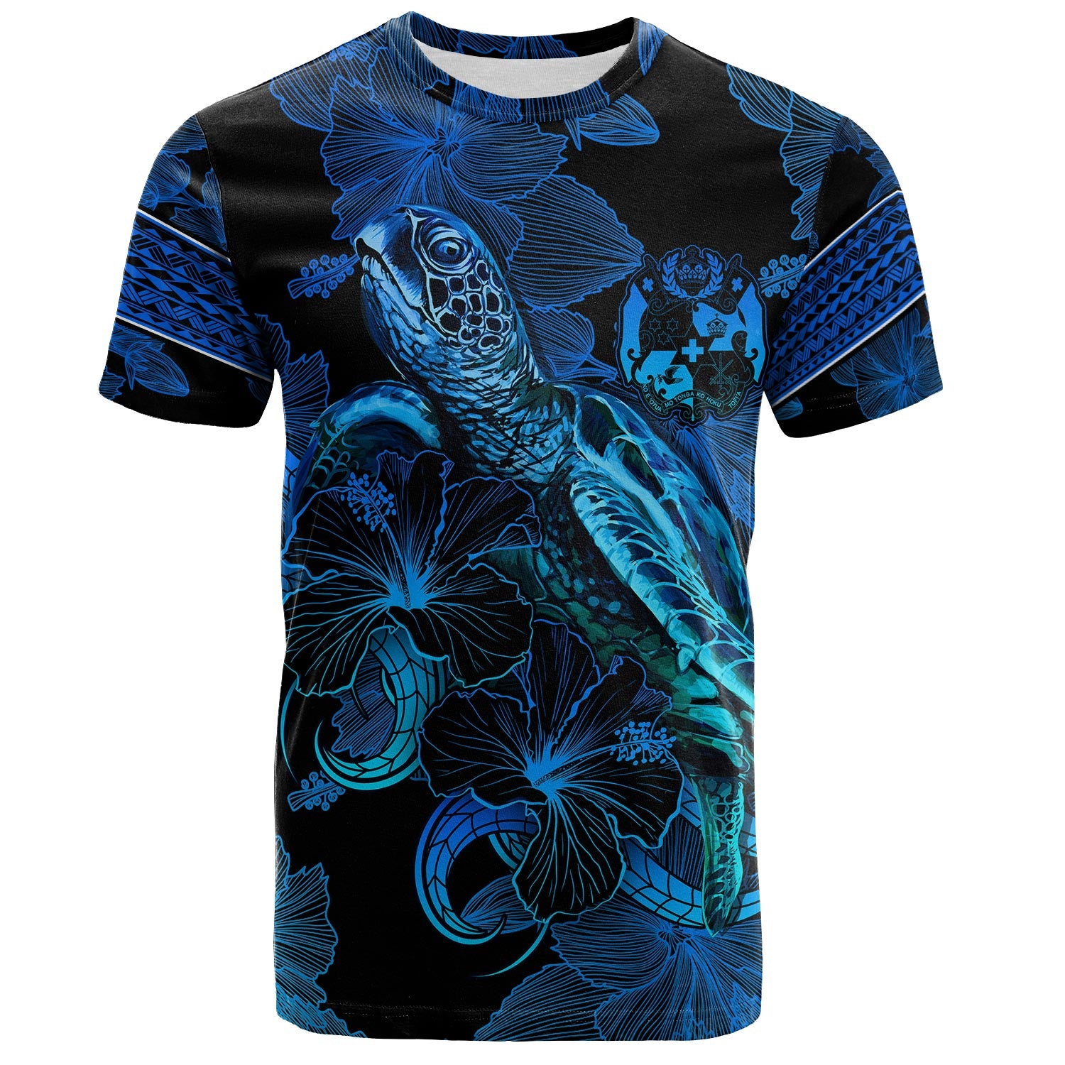Tonga T-Shirt Sea Turtle With Blooming Hibiscus Flowers Tribal Blue