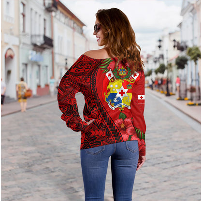 Tonga Off Shoulder Sweatshirt Tribal Polynesian With Hibiscus Flower