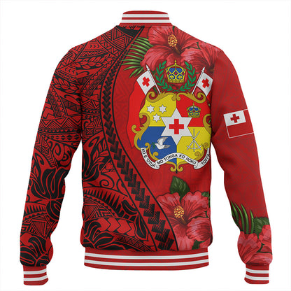 Tonga Baseball Jacket Tribal Polynesian With Hibiscus Flower