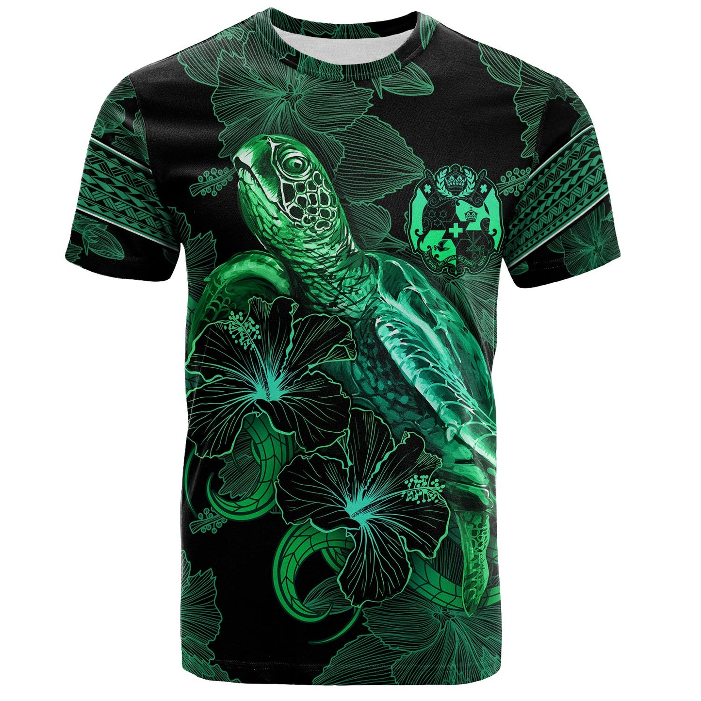 Tonga T-Shirt  Sea Turtle With Blooming Hibiscus Flowers Tribal Green