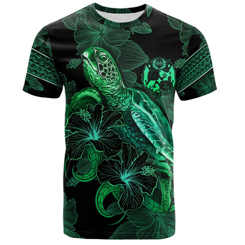 Tonga T-Shirt  Sea Turtle With Blooming Hibiscus Flowers Tribal Green