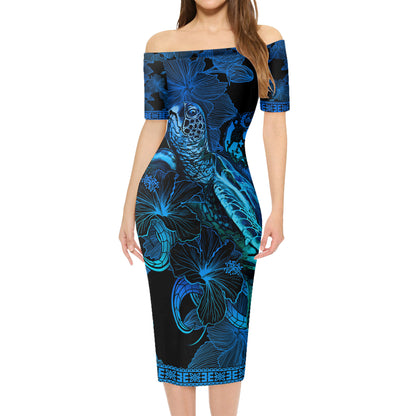 Tonga Combo Short Sleeve Dress And Shirt Sea Turtle With Blooming Hibiscus Flowers Tribal Blue