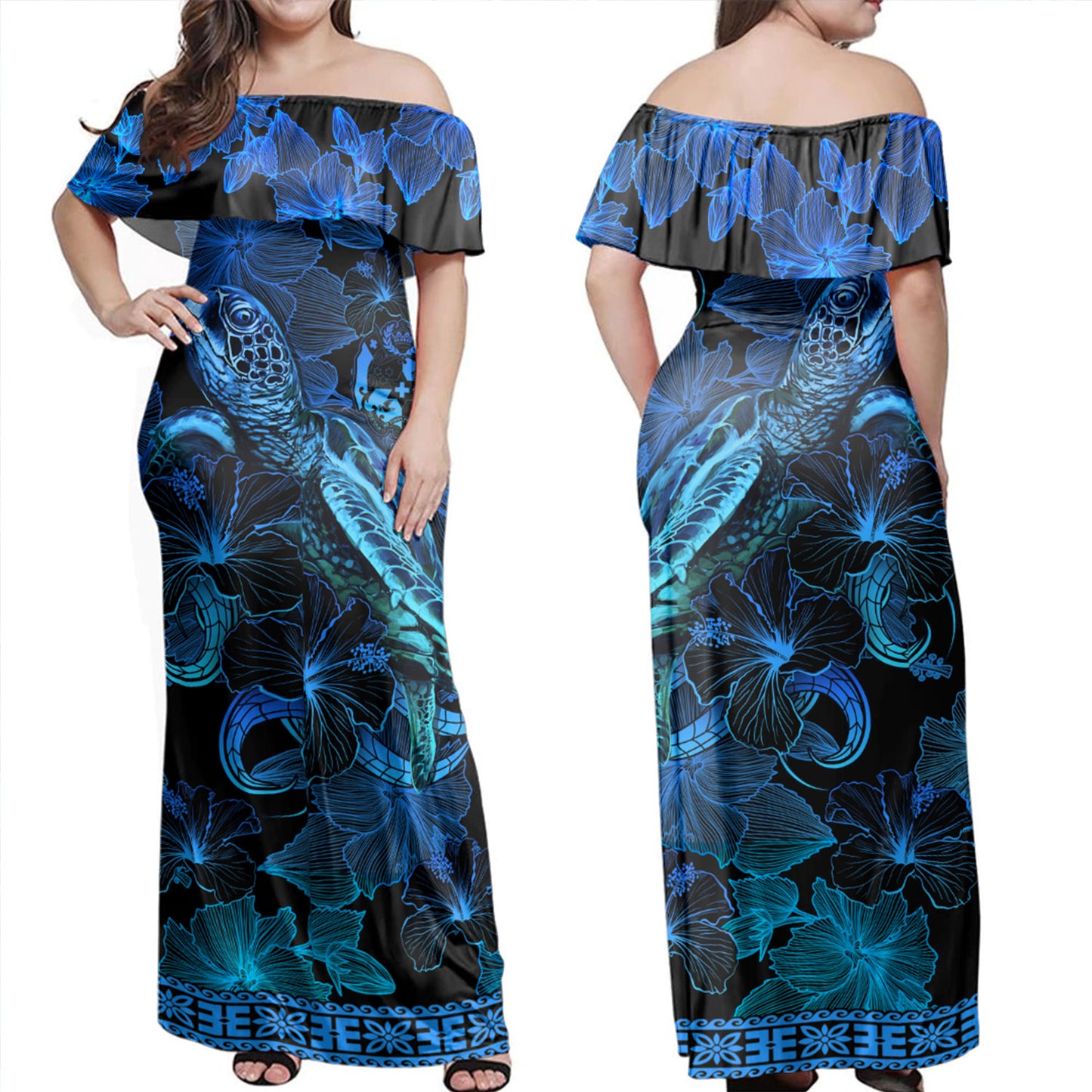 Tonga Off Shoulder Long Dress Sea Turtle With Blooming Hibiscus Flowers Tribal Blue