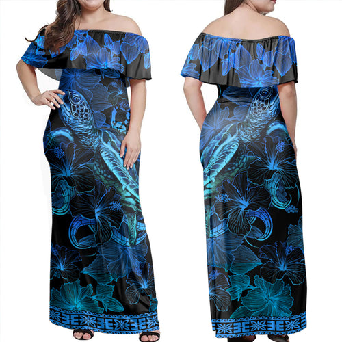 Tonga Off Shoulder Long Dress Sea Turtle With Blooming Hibiscus Flowers Tribal Blue