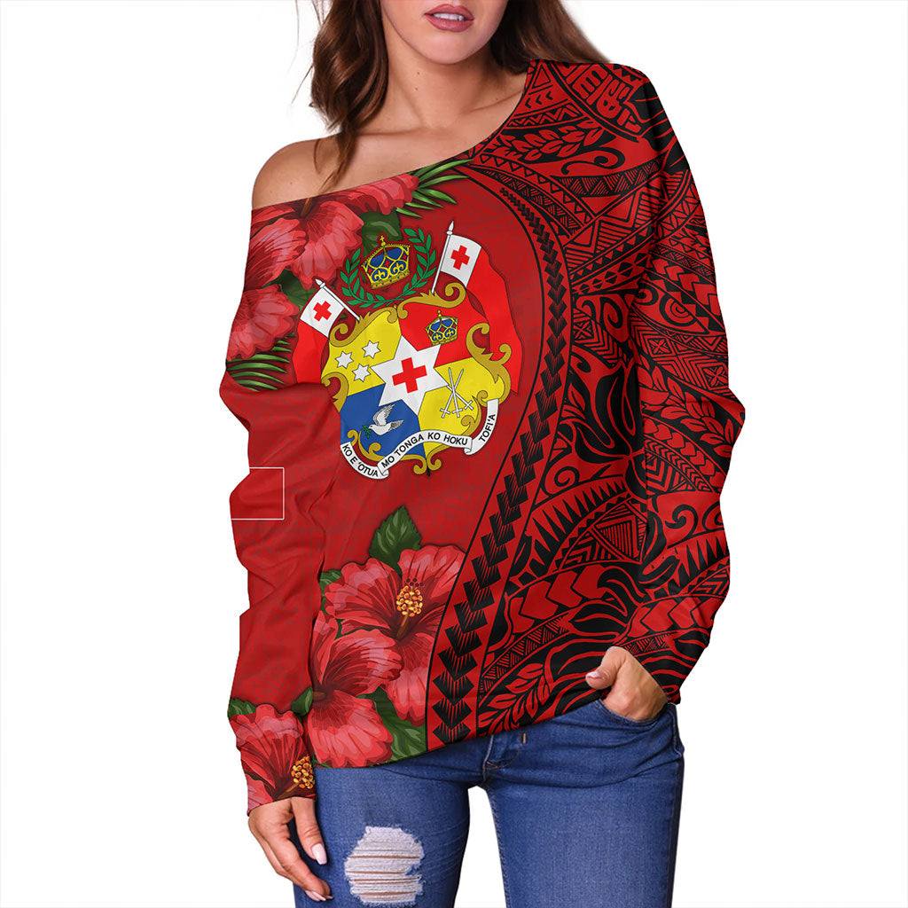 Tonga Off Shoulder Sweatshirt Tribal Polynesian With Hibiscus Flower