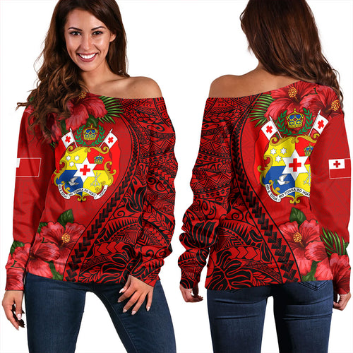 Tonga Off Shoulder Sweatshirt Tribal Polynesian With Hibiscus Flower