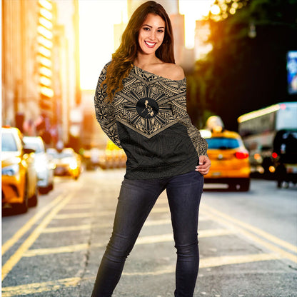 Philippines Filipinos Off Shoulder Sweatshirt Traditional Tribal Tattoo Sun