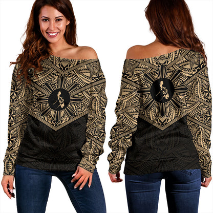 Philippines Filipinos Off Shoulder Sweatshirt Traditional Tribal Tattoo Sun