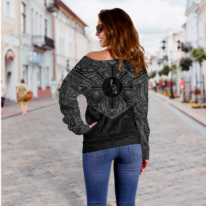 Philippines Filipinos Off Shoulder Sweatshirt Traditional Tribal Tattoo Sun