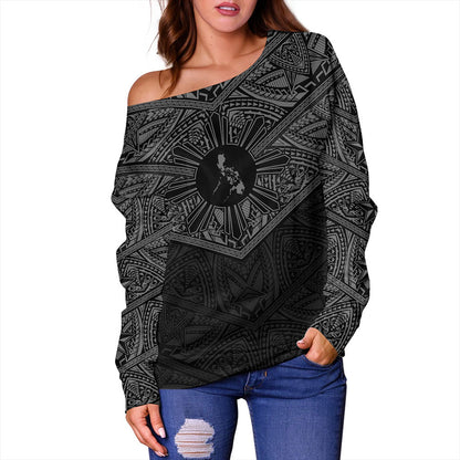 Philippines Filipinos Off Shoulder Sweatshirt Traditional Tribal Tattoo Sun