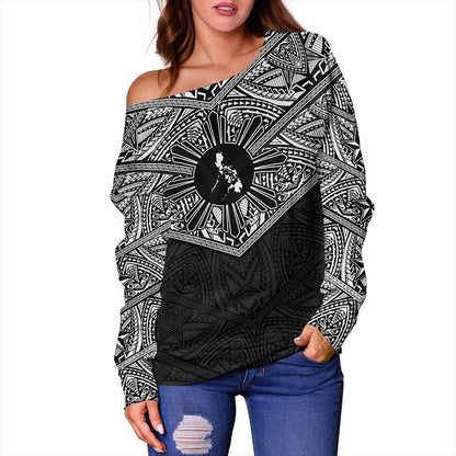 Philippines Filipinos Off Shoulder Sweatshirt Traditional Tribal Tattoo Sun